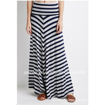 Fashion Striped Fold-Over Raw-Cut Hem Long Maxi Skirt